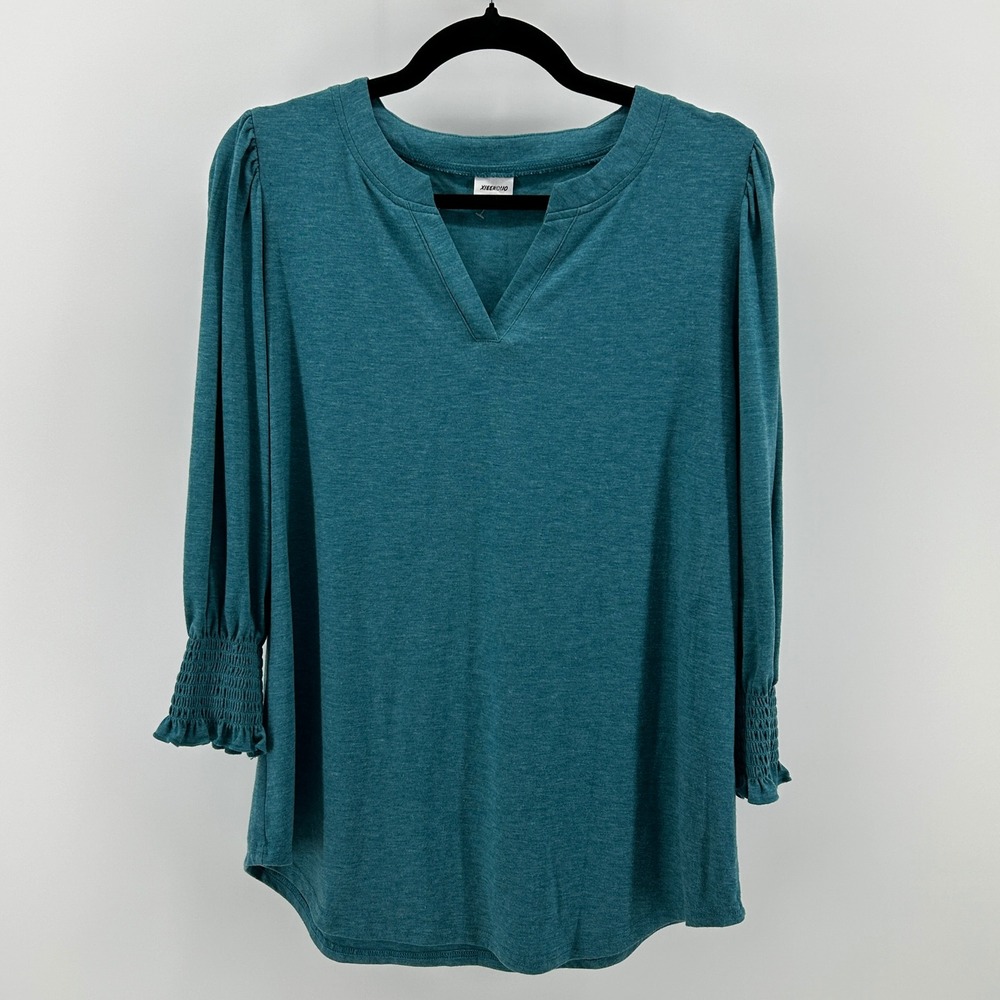XIEERDUO Teal Blue Smocked Cuff Puff Sleeve Blouse Large Office Romantic Peasant